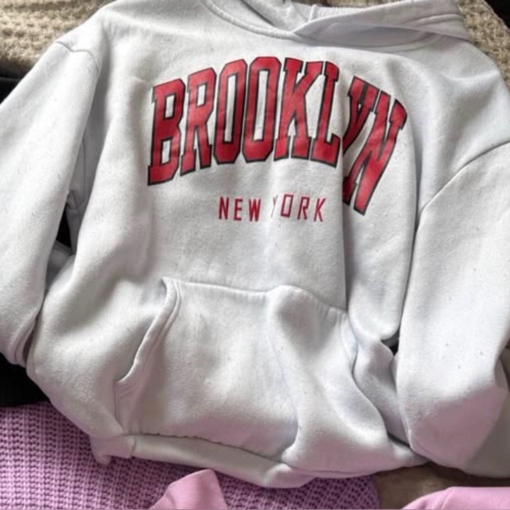 White Hoodie with Red Brooklyn Print